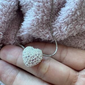 Vintage Sparkling Crystal Puffy Heart Pendant Sterling Silver Necklace Signed